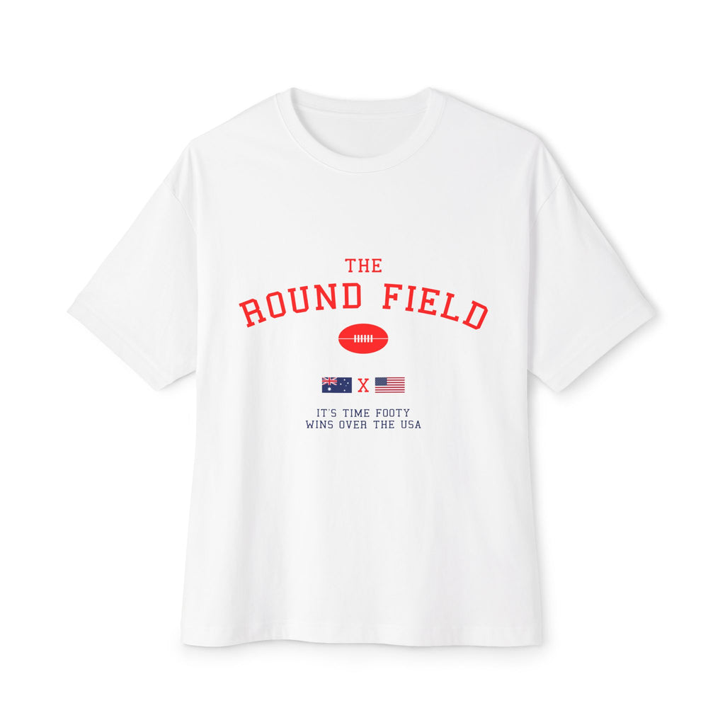 Round Field Football Tee — Vintage College Flag Graphic Boxy T‑Shirt