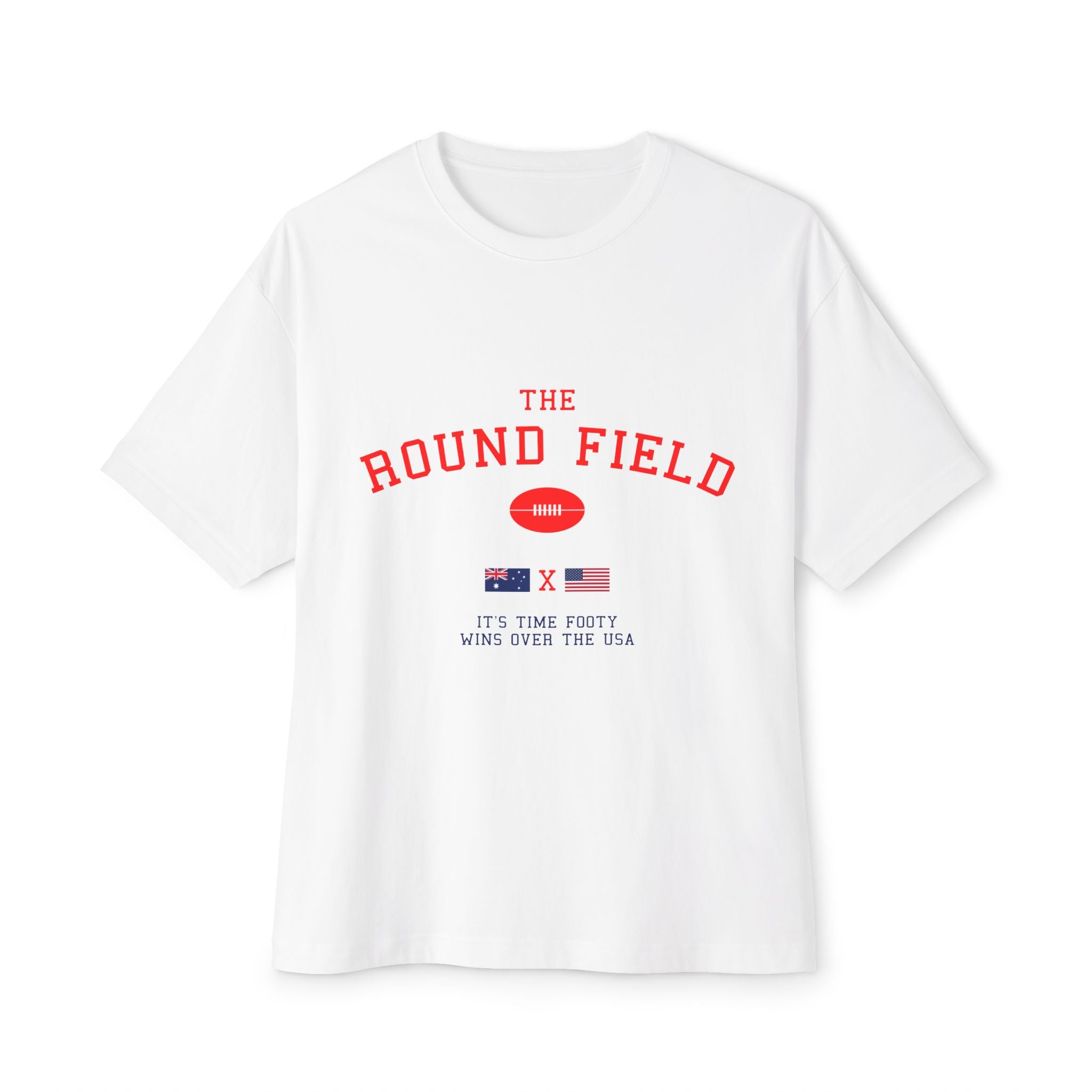 Round Field Football Tee — Vintage College Flag Graphic Boxy T‑Shirt