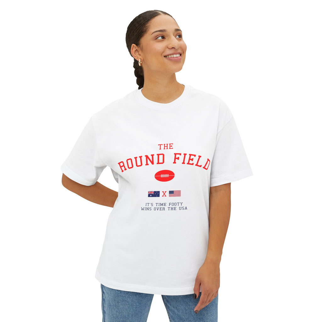 Round Field Football Tee — Vintage College Flag Graphic Boxy T‑Shirt